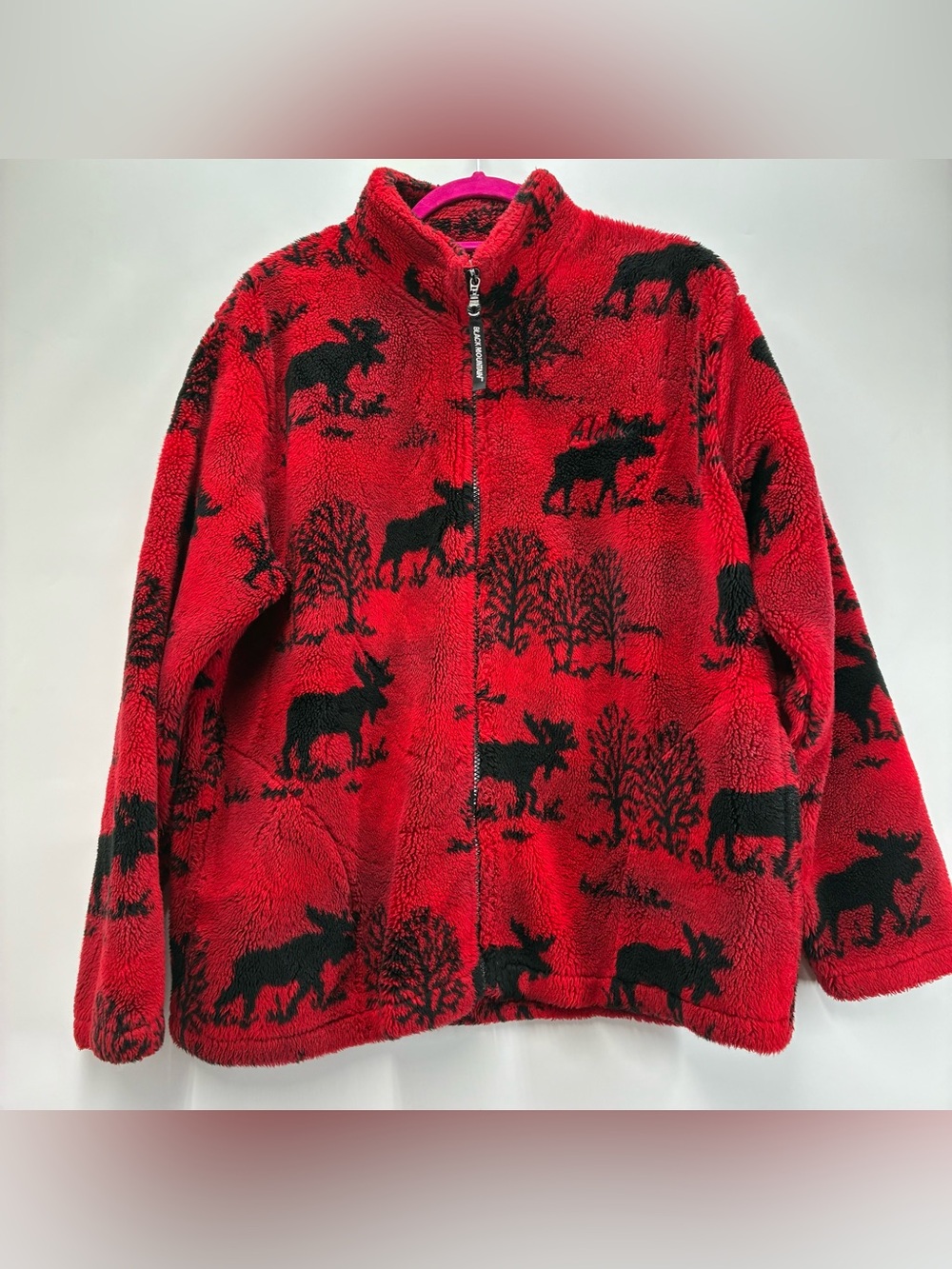 Black Mountain Outdoor Fleece Jacket Womens Large Red Black Moose USA Full Zip